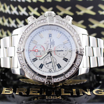 Breitling Super Avenger Chronograph White Dial 48MM Automatic Stainless Steel Mens Watch with Custom Diamond Bezel A13370