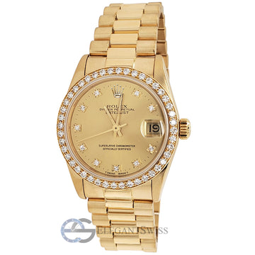 Rolex President Datejust 31mm Midsize Yellow Gold Champagne Diamond Dial Ladies Watch 68288