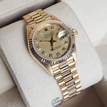 Rolex Ladies President 26mm Factory Champagne Diamond Dial Yellow Gold Watch 69178