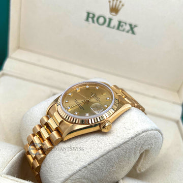 Rolex President Datejust Ladies 31mm 68278 Champagne Diamond Dial Yellow Gold Watch Box Papers