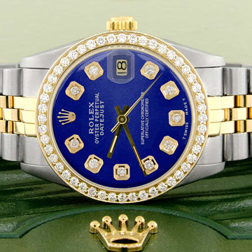 Rolex Datejust 2-Tone 18K Gold/SS Midsize 31mm Womens Watch with Blue Dial & Diamond Bezel