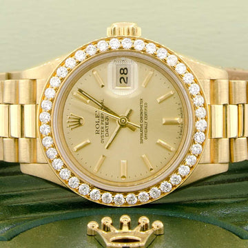 Rolex President Datejust Ladies 18K Yellow Gold Original Champagne Dial 26MM Watch w/Diamond Bezel