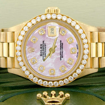 Rolex President Datejust Ladies 18K Yellow Gold 26MM Watch w/Pink MOP Dial & Diamond Bezel