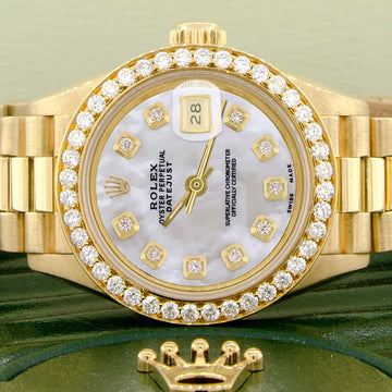 Rolex President Datejust Ladies 18K Yellow Gold 26MM Watch w/White MOP Dial & Diamond Bezel