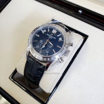 Patek Philippe 5961P 001 Complications Annual Calendar Blue Baguette Diamond Chronograph Watch Box Papers