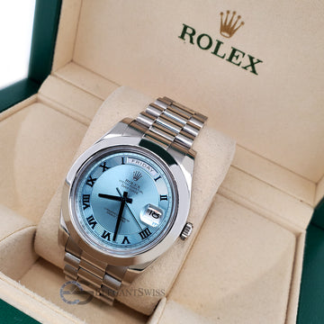 Rolex President Day-Date II 41mm Ice Blue Roman Dial Platinum Watch 218206 Box Papers