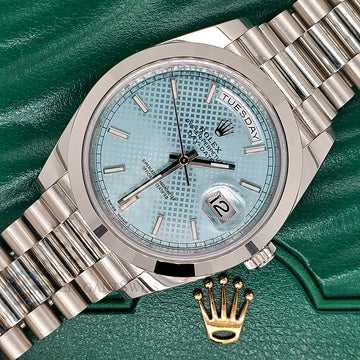 Rolex President Day-Date 40mm Ice Blue Diagonal Motif Dial Platinum Watch 228206 Box Papers