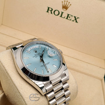 Rolex President Day-Date 40mm Ice Blue Diagonal Motif Dial Platinum Watch 228206 Box Papers