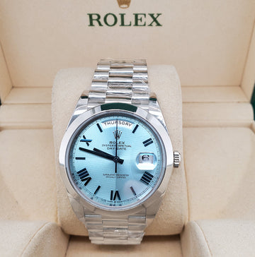 Unworn Rolex President Day-Date 228206 40mm Ice Blue Roman Dial Platinum Watch Box Papers 2021