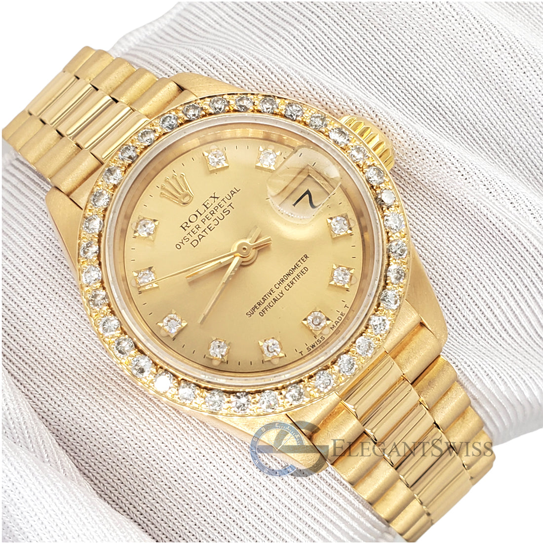 ROLEX DATEJUST 18K YELLOW GOLD CHAMPAGNE DIAMOND DIAL PRESIDENT BAND WATCH  69178