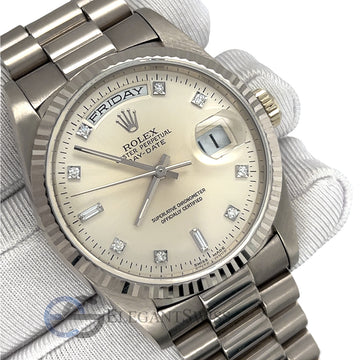 Rolex President Day-Date 18239 36MM Silver Diamond Dial White Gold Watch 1996