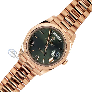 Rolex Day-Date 40mm 228235 Rose Gold Fluted Bezel Olive Green Bevelled Roman Dial Watch 2019 Box Papers