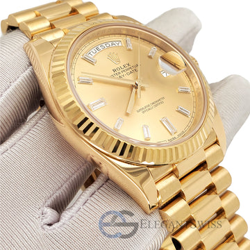 Rolex Day-Date 40 President Yellow Gold Factory Champagne Baguette Diamond Dial Men's Watch 228238 Box Papers
