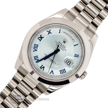 Rolex President Day-Date II 41mm Glacier Ice Blue Roman Concentric Dial Platinum 218206 Box Papers