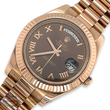 Rolex President Day-Date II 41mm Rose Gold Fluted Bezel/Chocolate Roman Dial 218235 Watch Box Papers