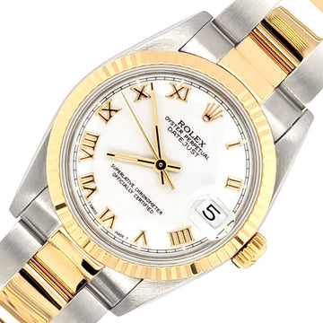 Rolex Datejust 31MM White Roman Dial Yellow Gold Fluted Bezel Watch 68273
