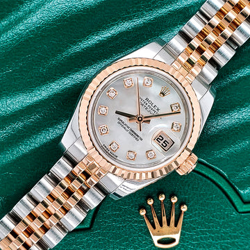 Rolex Datejust 26mm 2-Tone Rose Gold/Steel Factory White MOP Diamond Dial 179171 Ladies Watch Box Papers