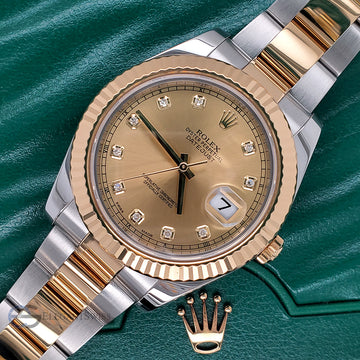 Rolex Datejust II 41mm 2-Tone Factory Champagne Diamond Dial - Fluted Bezel - Oyster Watch 116333 Box Papers