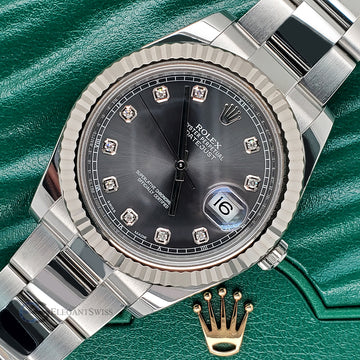 Rolex Datejust II 41mm Factory White Gold Fluted Bezel - Dark Rhodium Diamond Dial - Stainless Steel Watch 116334 Box Papers