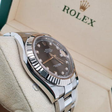 Rolex Datejust II 41mm Factory White Gold Fluted Bezel - Dark Rhodium Diamond Dial - Stainless Steel Watch 116334 Box Papers