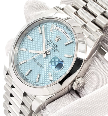 Rolex President Day-Date 228206 40mm Ice Blue Diagonal Motif Index Dial Platinum Watch Box Papers