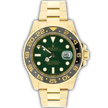Rolex GMT-Master II Green Dial 18K Yellow Gold 40MM Automatic Mens Oyster Watch 116718 Box & Papers
