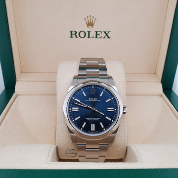 Rolex Oyster Perpetual 41mm Bright Blue Dial Stainless Steel Watch 124300 Box Papers