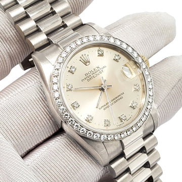 Rolex President Datejust Midsize 31mm White Gold Factory Silver Diamond Dial Watch 68289