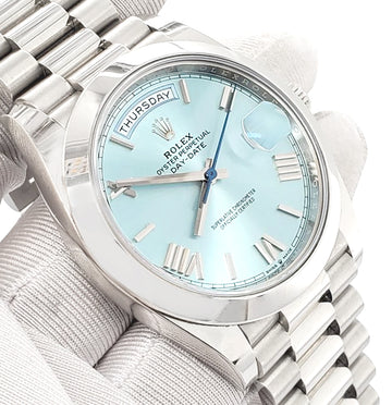 Rolex President Day-Date 228206 40mm Ice Blue Roman Dial Platinum Watch Box Papers 2021