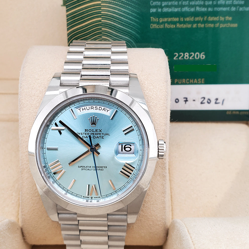 Rolex President Day Date 228206 40mm Ice Blue Roman Dial Platinum Watch Box Papers 2021