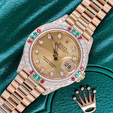 Rolex President Datejust 26mm Diamond Ruby Emerald Bezel/Lugs/Factory Dial Yellow Gold Watch
