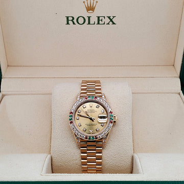 Rolex President Datejust 26mm Diamond Ruby Emerald Bezel/Lugs/Factory Dial Yellow Gold Watch