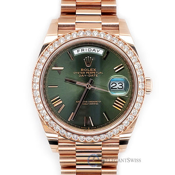 Rolex Unworn Rose Gold President Day-Date 40mm Factory Diamond Bezel/Olive Green Bevelled Roman Dial 228345RBR OGRP Watch 2021 Box Papers