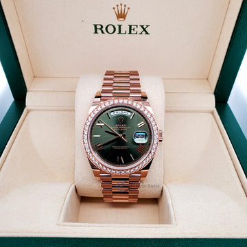 Rolex Unworn Rose Gold President Day-Date 40mm Factory Diamond Bezel/Olive Green Bevelled Roman Dial 228345RBR OGRP Watch 2021 Box Papers