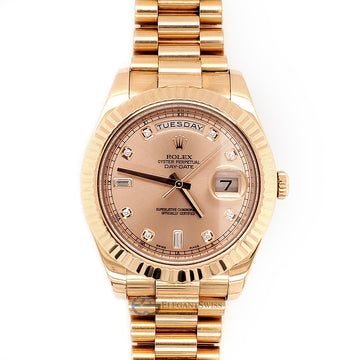Rolex President Day-Date II 41mm Rose Gold Fluted Bezel/Rose Pink Diamond Dial 218235 Watch Box Papers