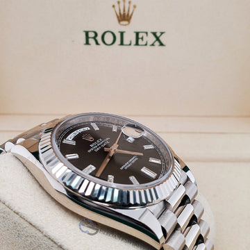 Rolex Day-Date President 40mm Black Baguette Dial White Gold Watch 228239 Box Papers