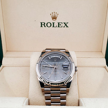 Rolex Day-Date 40mm White Gold Rhodium Grey Stripe Motif Dial 228239 Watch Box Papers
