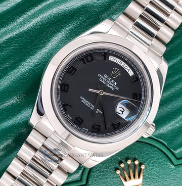 Rolex President Day-Date II 41mm Platinum Black Concentric Arabic Dial 218206 Box Papers