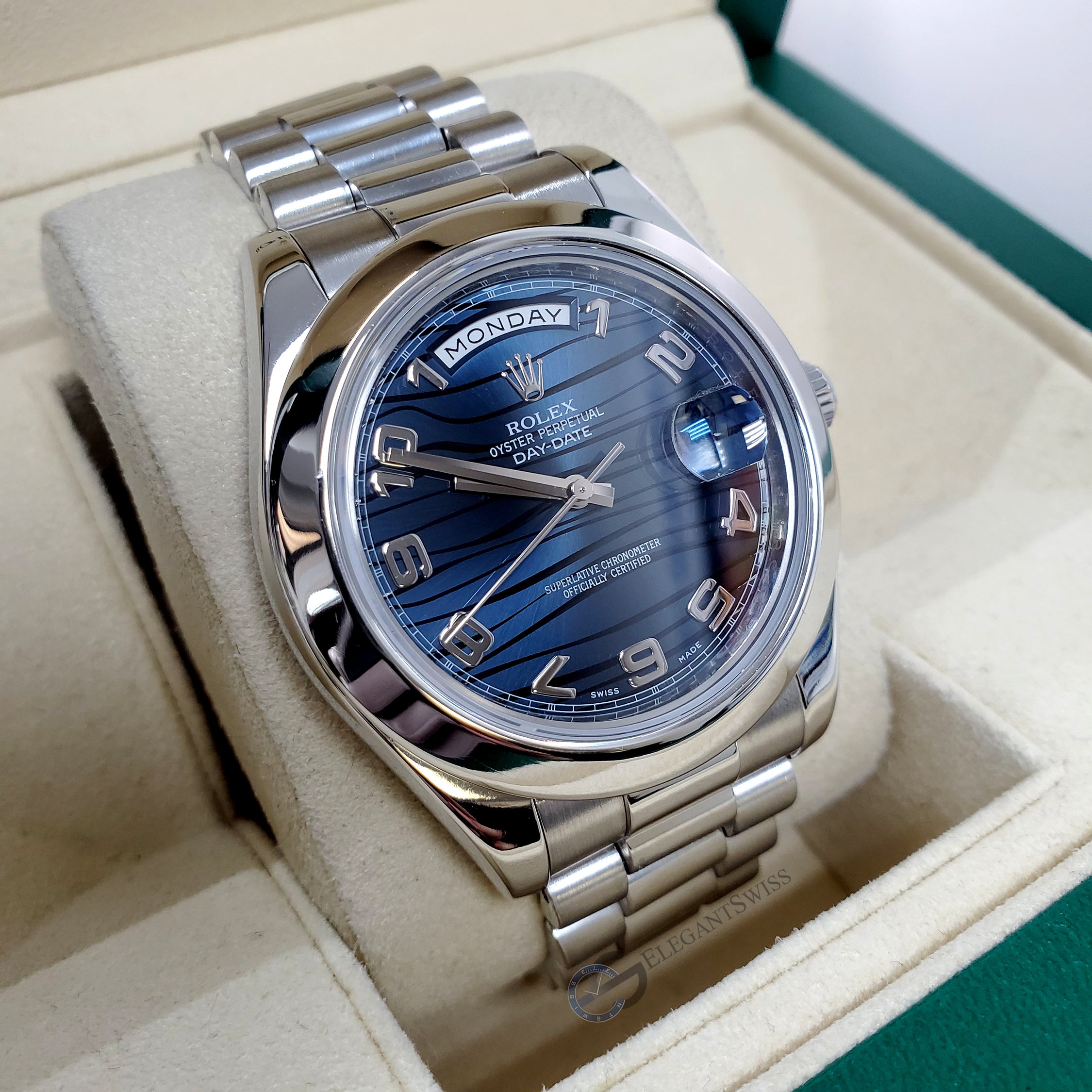 Rolex President Day-Date II 41mm Platinum Blue Wave Arabic Dial 218206 Box  Papers