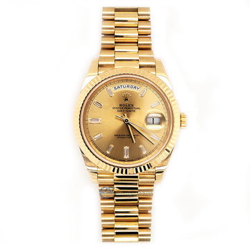 Rolex President Day-Date 40mm Yellow Gold Fluted Bezel/Champagne 10 Baguettes Diamond Dial 228238 Watch Box Papers