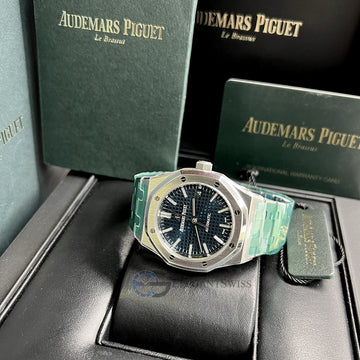 Unworn Audemars Piguet Royal Oak 37mm Blue Dial Steel Watch Box Papers 15450ST.OO.1256ST.03