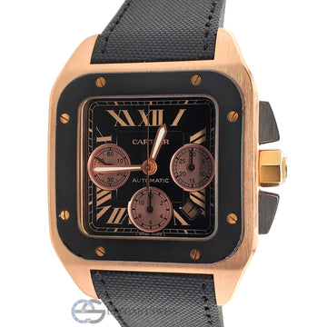 Cartier Santos 100 XL Chronograph Black Roman Dial Rose Gold Watch 2935 Box Papers