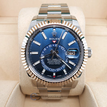Unworn Rolex Sky-Dweller 42mm White Gold Bezel Blue Dial Stainless Steel Watch 326934 Box Papers