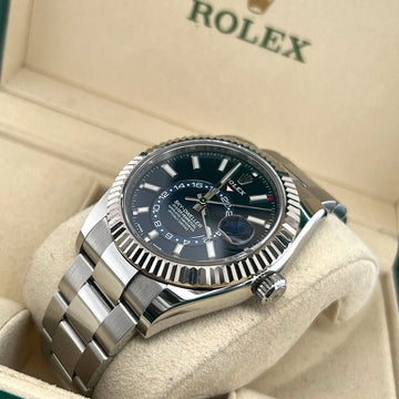 Rolex Sky-Dweller 42mm White Gold Fluted Bezel Blue Dial Steel Watch 326934 Box Papers