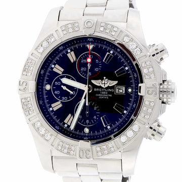 Breitling Super Avenger Black Dial 48mm Steel Watch A13370 w/Diamond Bezel