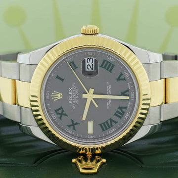 Rolex Datejust II 41MM 2-tone Yellow Gold/Steel Watch Grey Dial With Green Roman Numerals, Box&Papers 116333