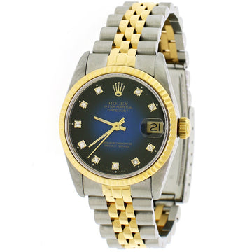Rolex Datejust Midsize 31mm Gold/Steel Watch Factory Vignette Blue/Black Diamond Dial