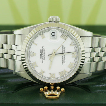 Rolex Datejust 18K/SS White Roman Dial 31mm Midsize Watch 68274