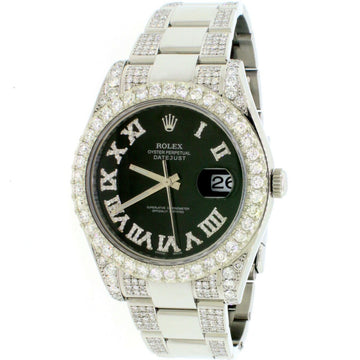 Rolex Datejust II 41mm 7.63CT Diamond Bezel/Lugs/Bracelet/Black Roman Dial 116300 Watch Box Papers