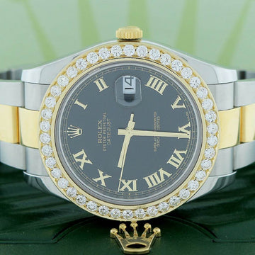 Rolex Datejust II 41mm 2-Tone Factory Black Roman Dial/3.07Ct Diamond Bezel 116333 Watch Box Papers